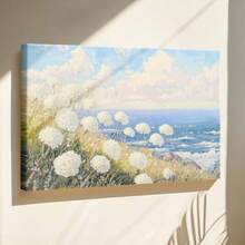 1pc Blue Summer Wall Art, Beach Decor, Ocean Framed Wall Art, Wrapped Canvas Poster Vintage Prints, Field Of Flowers, Ocean Waves, Natural Landscape - Botanical, Realistic Painting,  Atmosphere, Detailed Naturalism Style, Perfect Gift Decor, Wall Art for Living Room Bedroom Office, Hanging Hardware Included - Wrapped Framed Canvas, Horizontal - Lienzo enmarcado - Ver 3