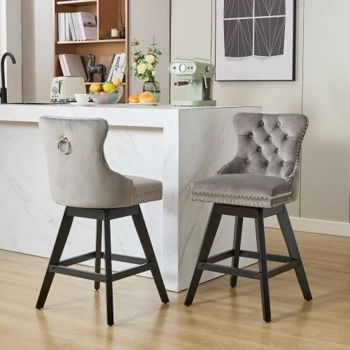 Velvet Swivel Bar Stools With Button Tufting, Wooden Legs And  Stud Trim, Casual Style, Set Of 2 (Grey), DE1860GY - Grey - View 1