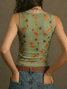 Lysee 女士夏季碎花吊带背心，绿色弹力修身圆领无袖上衣，Y2K 复古波西米亚休闲街头风度假装 - 綠色 - 查看 3