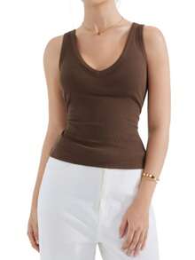 OMKAGI Women's V-Neck Wide Shoulder Strap Cardigan Ribbed Comfortable Top For Summer Casual Wear - màu nâu - Xem 8