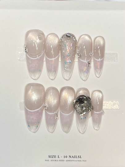 10pcs Handmade Nails Almond Coffin Nails Press On Nails Long, Gentle Light Purple Blush Pink Nails, Flashy Iced Cateye French Tip Nail Tips, Nail Gems Diamond Large Rhinestone Zirconia Inlaid, Edgy Elegant Luxury Handcrafted Spring Nails, Summer Press On Nails, Party Daily & Dating Use Beach Tropical Getaway Suitable, DIY False Nail Art Suitable For Women & Girls As Gift Nail Supplies