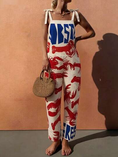 Women's Spring/Summer Vacation Outfit, Loose Fashion Casual Colorblock Shrimp & Letter Print Jumpsuit, Convenient Pocket Design, Drawstring Waist, Minimalist Casual Daily Wear, Suitable For Dates, Parties, Country Music Festivals