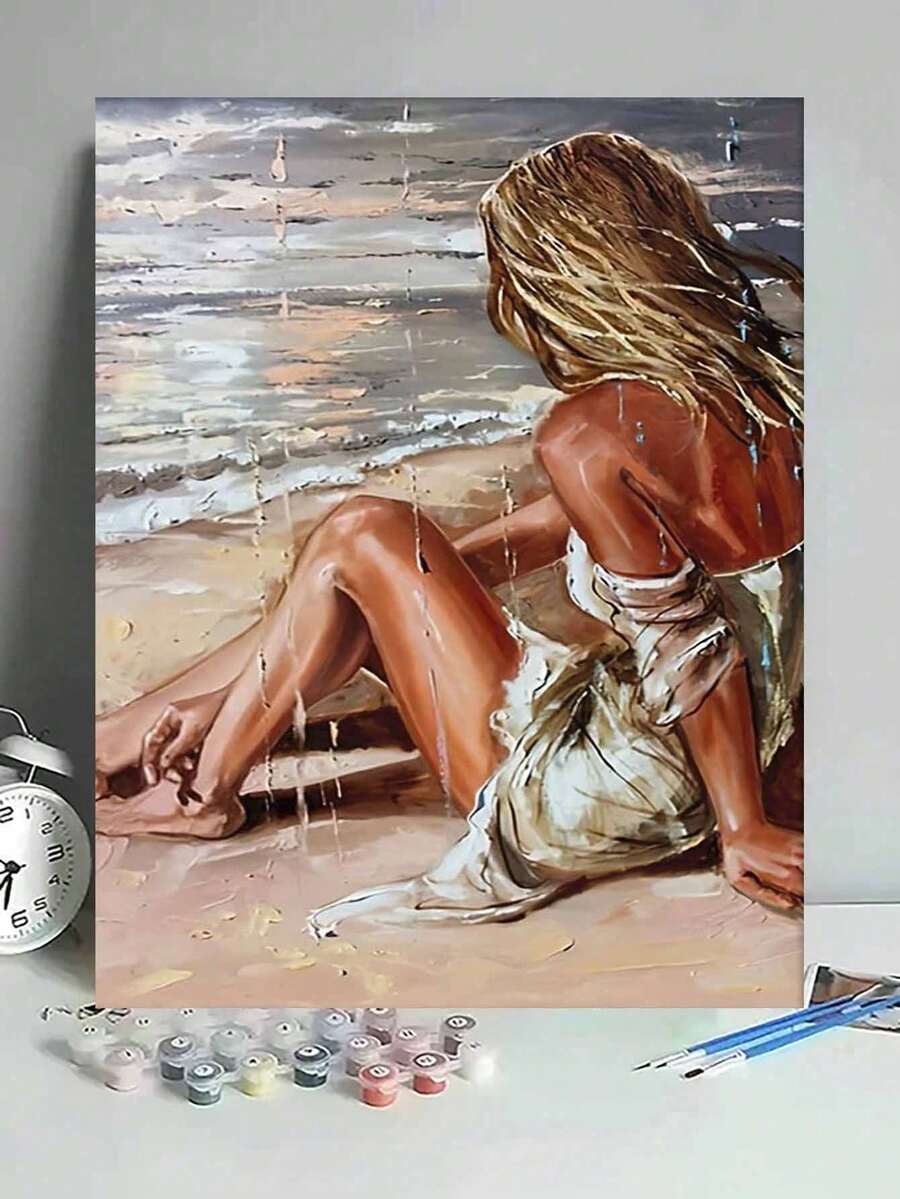 海滩女子坐姿 DIY 数字油画 画布油画工艺品 成人家居装饰 40x50厘米/16x20英寸 节日 情人节 复活节 感恩节 礼物 - 40*50厘米 - 查看 1