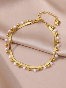 1pc 18K Gold Stainless Steel Double-Layer Faux Pearl Snake Chain Anklet, Suitable For Summer Beach, Vacation, Daily Wear And Parties - Double layer Anklet - View 2