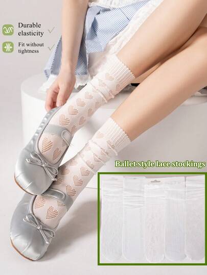 1/3/6 Pairs Of White Women's Socks, Hollow-Out Lace Socks, Heart-Patterned Women's Mid-Calf Socks, Sweet Lolita Socks, And Straight-Cut Socks Without Heels