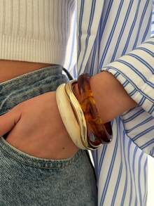LADYCOCO 3pcs Vintage Style Coffee Color Bracelet Set With Gold Twisted ABS Plastic Bangle, For Women - Multicolor - View 3