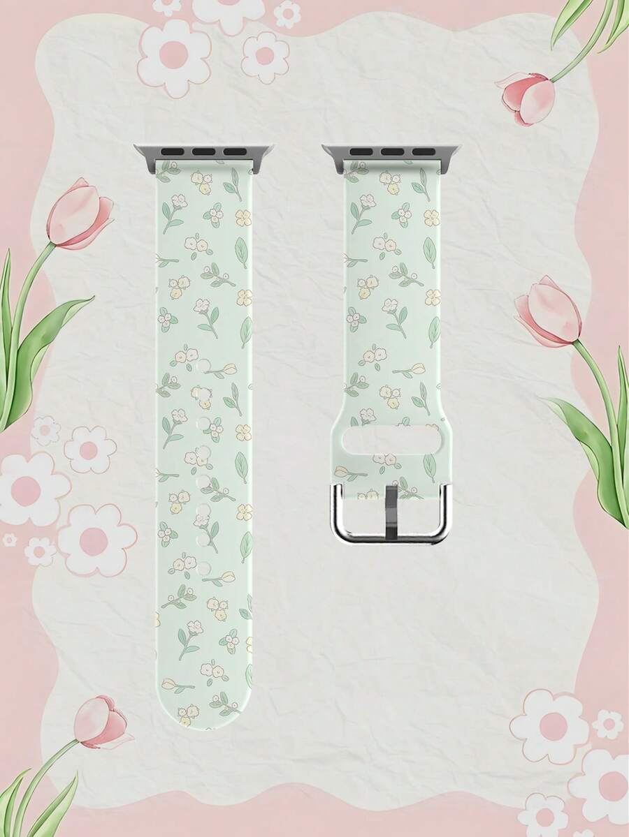 1条绿色叶子和黄白花朵图案的柔软弹性透气舒适腕带，兼容 38mm 40mm 41mm 45mm 44mm 42mm 49mm，时尚休闲多色硅胶表带，兼容 Ultra SE/9/8/7/6/5/4/3/2/1 - 彩色 - 查看 1