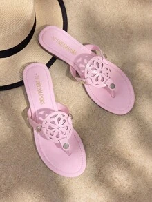 Women Flip Flops Slip On Thong Slides Flat Sandals Hollow Carved Upper Comfortable Soft Cushion Summer Vacation Daily Causal Slide Shoes - 粉色 - 查看 1