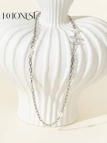 1pc Elegant Sexy Stainless Steel Letter C Rhinestone Long Necklace, Suitable For Gala And Party - Silver Long Necklace - View 4