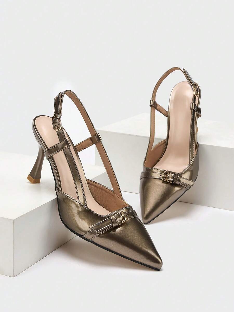 Women's Pointed Toe Solid Color Strap Buckle Ankle Strap Party Formal Dress Shoes With Slim High Heels - Bronze - View 1