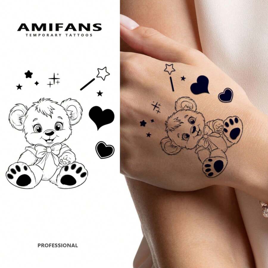 AMIFANS Temporary Tattoo Magical Teddy Bear, Semi Permanent Tattoo,Lasting 1-2 Weeks Tattoo, Long Lasting Tattoo, Juice Tattoo, Realistic Tattoo, Romantic Tattoo, Fake Tattoo, Waterproof, Authentic Tattoo Look, Niche Design Tattoo, Fruit Tattoo, Plant-Based Tattoo - Black - View 1