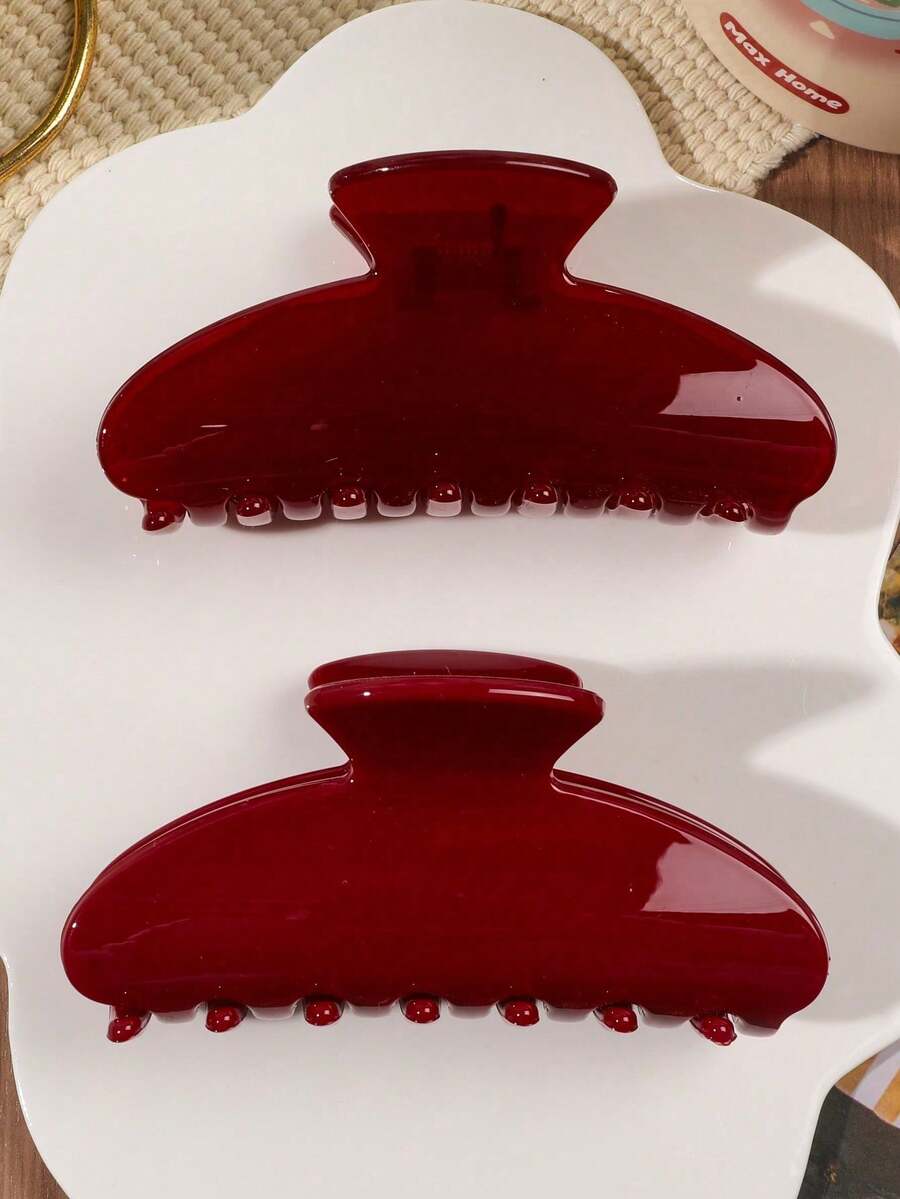 2pcs Glossy ABS Minimalist Elegant Jelly Solid Half-Circle Hair Claw Clips, Versatile For Outings Women Hair Accessories Fashion Hair Clips - 紅色 - 查看 1