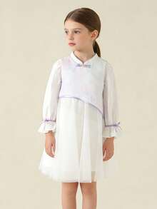 Balabala Girls' Sheer Dress, Chinese Style Cheongsam Dress For Teens, Spring 2026 Collection - Purple - View 3