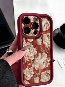 1个时尚红底白花复古简约图案美学TPU纯色防震软壳，高端质感，适合作为生日、节日礼物送给朋友、家人、情侣，兼容苹果和其他手机，国际版，非国内版 - 彩色 - 查看 4