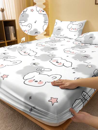 1件可爱卡通小狗图案印花磨毛床笠，卧室印花床罩，床上用品（不含枕套）