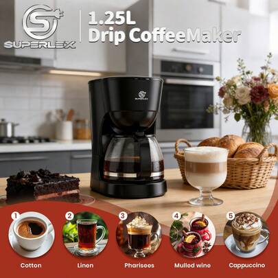 SUPERLEX 3-In-1 Coffee Machine, 1.25L Drip Coffee Machine, One-Touch Automatic Espresso Machine, Cappuccino Machine, Hot And Iced Coffee Machine For Ground Coffee, Extraction Brewing Coffee Machine, Removable Anti-Drip Function To Avoid Cleaning, Permanent Filter, Multi-Person Sharing Suitable For Latte, Mocha, Cappuccino