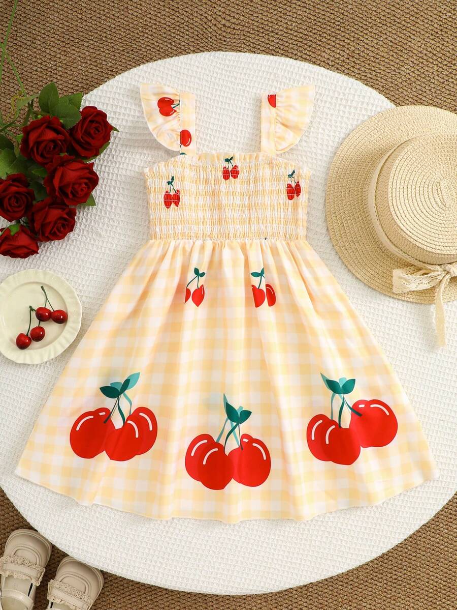 Đầm yếm kẻ caro anh đào cho bé gái, đầm tay bồng mùa hè, đầm công chúa ngọt ngào cho bé gái. - Màu vàng - Xem 1