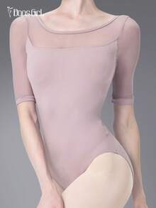 DonsGirl 女士芭蕾舞紧身衣 - 弹性网纱拼接七分袖，现代/古典舞连体服，专业演出服（春季款） - 淺灰紫 - 查看 10