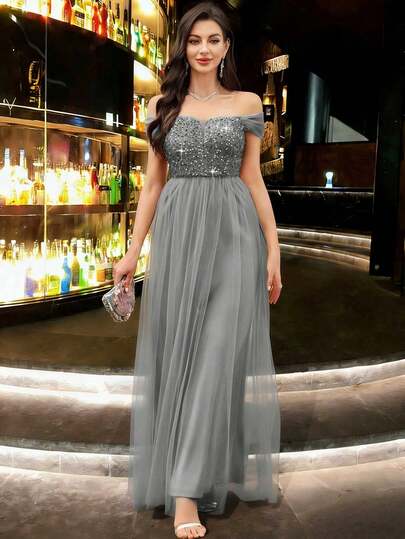 CHOSMO 优雅纯色针织面料露背网眼亮片拼接女式连衣裙，适合舞会、晚礼服、正式场合、婚礼、派对、周年纪念、毕业典礼、节日、正式晚宴、摄影、联欢晚会、音乐会