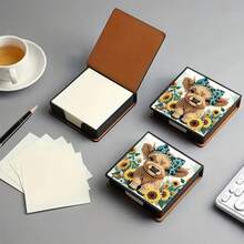 1pc DIY Diamond Art Sunflower & Highland Cow Pattern, Irregular Rhinestone Embroidery Painting On Black Faux Leather Self-Adhesive Memo Pad Box With 160 Sheets, Ideal For Home, Office, School Supplies, Craft, Cute Stationery, Holiday Gift - View 4