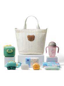 Rhombus Embroidered Mommy Bag, Fashionable Baby Diaper Storage Bag With Insulated Aluminum Foil Bottle Holder, Teddy Bear Mommy Bag - 4513 - View 3