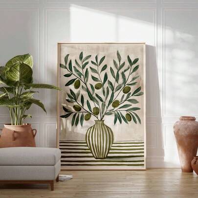 1 Pieza Póster de Rama de Olivo, Decoración de Pared de Cocina Mediterránea, Impresión de Jarrón Rústico, Decoración de Planta Verde, Obra de Arte de Estilo Rústico Campestre.