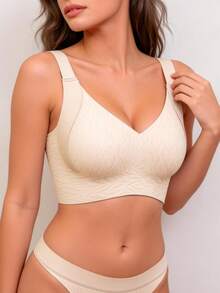 Lilivine Áo ngực nữ có thể điều chỉnh che phủ toàn diện, giảm thiểu ngực, ngăn ngừa chảy xệ và áo hở ngực vô hình, chất liệu mỏng - Màu be - Xem 4