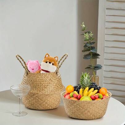 2 Packs Woven Storage Baskets With Planters For Laundry, Picnic, Beach Bags And Shopping Baskets.Foldable, Portable Cosmetics, Snacks And General Storage Supplies, Multi-Functional, Foldable, Equipped With Hand-Held Handles, Suitable For Picnic And Kitchen Storage Purposes, Suitable For Use In The Living Room, Bedroom, Kitchen Or Bathroom, This Storage Basket Adopts A Pastoral Style Design