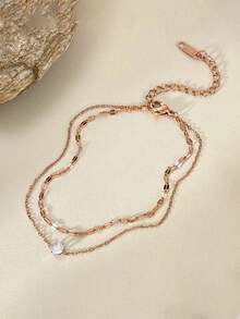 1件 时尚小巧双层单钻个性化简约女士手链 - 金色 - 查看 2