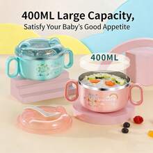 1pc Baby Tableware 304 Stainless Steel Anti-Drop Bowl With Lid, Cartoon Dual-Ear Bowl, Baby Feeding Bowl Non-Scalding Easy To Grip - Multicolor - View 6