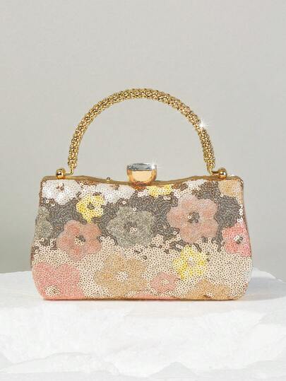 1pc New Ditsy Floral Handbag, Fashionable Vintage Sequin Embroidered Flower Chain Shoulder Bag, Mini Box Bag, Suitable For Party Girls, Brides, Newlyweds And Office Ladies For Party, Ball, Wedding (Pattern Random), Also Suitable For Work, Business Travel, Outing And Commuting.