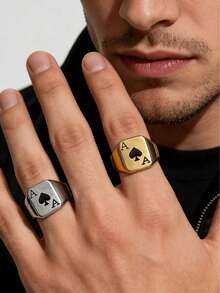 1枚黑桃A扑克牌图案男士休闲小众风格不锈钢镀层戒指，经久耐用，防水不褪色，防过敏，适合日常时尚复古装扮搭配。 - 撲克男士戒指 - 查看 1