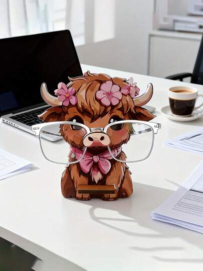 Ein süßer Brillenhalter in Form einer Hochlandrind - Holz Brillenständer mit rosa Blumendekoration, schwarzer Rahmen, für Tische, Brillenaufbewahrung, Heimdekoration, Bürodekoration, Büroorganizer.
