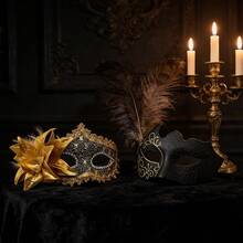 Unisex Masquerade Mask, Carnival And Venetian Costume Mask, Women's Side Flower Eye Mask, Suitable For Christmas, Halloween, Costume Party, Couple Masquerade Ball Mask Set, Venetian Party Mask - Gold - View 6