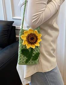 Handmade Crochet Cute And Fresh Sunflower Bag, Knitted Hollow-Out Shoulder Bag, Suitable For Parties, Weddings, And Daily Wear, Comes With A Small Gift - 綠色 - 查看 4