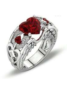 Trang sức thời trang Hàn Quốc mới về, Phụ kiện nữ, Nhẫn sáng tạo, Trang sức theo chủ đề Ngày của Mẹ, Ngày của Cha, Nhẫn trái tim hồng ngọc đỏ công chúa Châu Âu & Mỹ, Trang sức quà tặng - Bạc - Xem 12