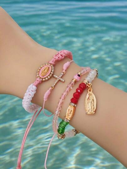 Set de 4 piezas Pulsera de estilo mexicano con cruz y Virgen María, con tarjeta, pulsera tejida ajustable de colores rojo, blanco, verde y azul para mujeres