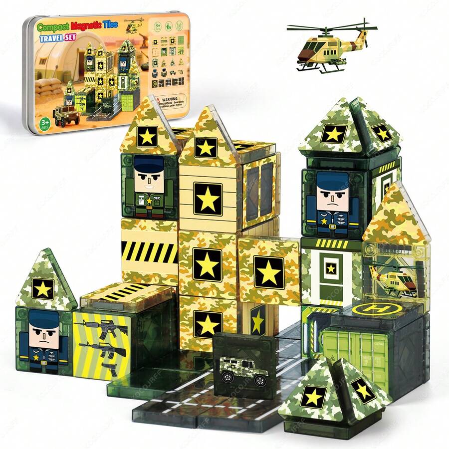 Magnetische Bauklötze Tarnmuster Militärspielzeug, Mini magnetisches Reisespielzeug mit Eisenbox, geeignet für Kinder ab 3 Jahren, tragbare magnetische Bauklötze, MINT sensorisches Lernspielzeug, perfektes Geschenk zu Geburtstag, Schulanfang, Ostern, Zufallsfarbe