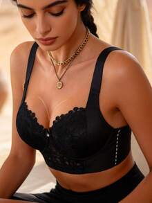 Temptuelle Peach Girl黑色性感蕾丝文胸，女士聚拢文胸，舒适防下垂文胸 - 黑色 - 查看 4