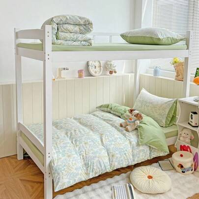 4pcs Sage Floral Duvet Cover Set With Sheet, Soft Washed Aesthetic Bedding Set, Cute Botanical Leaf Print Quilt Cover, Cottagecore Dorm Room Decor