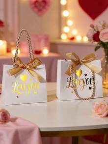10PCS/1PC/Valentine's Day Wedding Favor Tote Bags With Ribbon 14x12x6cm - White With Gold Ribbon - View 5
