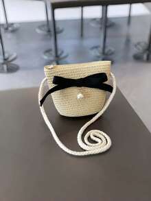 2件套蝴蝶结草编包和帽子，夏季女童大帽檐草帽，户外防晒沙滩公主风蝴蝶结帽 - 彩色 - 查看 6