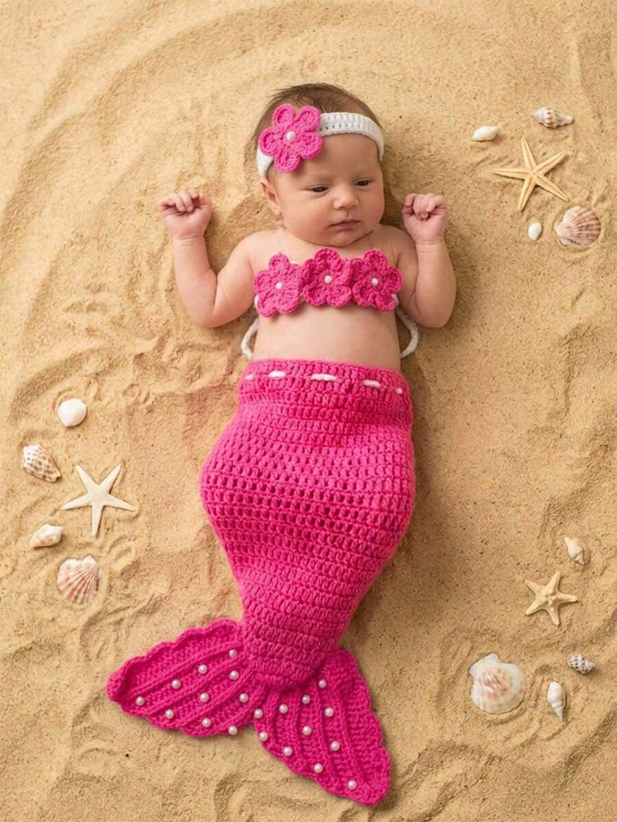 3件套手工钩织美人鱼尾巴服装新生儿摄影道具婴儿派对礼服派对礼物婴儿摄影服装 - 彩色 - 查看 1