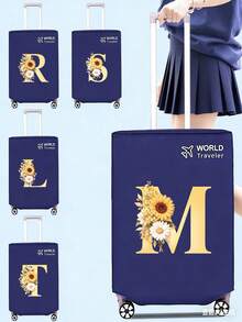 1pc Non-Stretch Non-Woven Fabric Luggage Protective Cover Suitable For 20-30 Inch Trolley Case, Anti-Scratch Luggage Protector, Travel Accessory With Sunflower & Letter Pattern, Back To School Essential - Blue - View 10