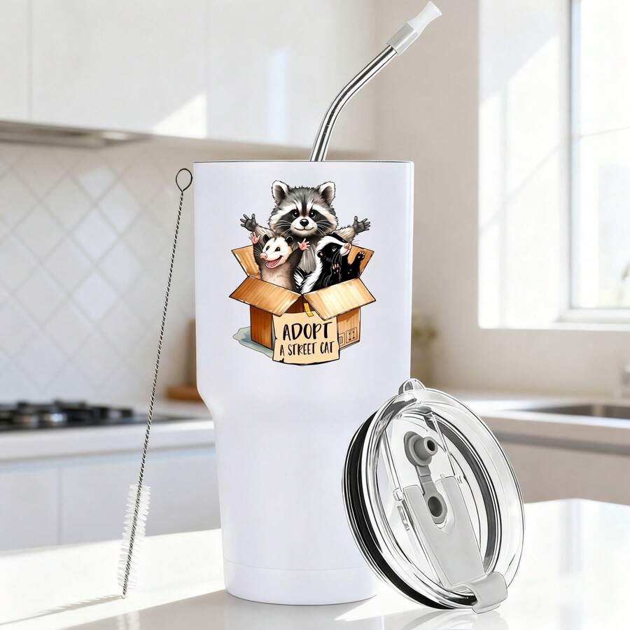 30oz Stainless Steel Tumbler Black White Options,  Raccoon And Baby In Box Advert Street Of Raccoons Graphic Cups, Insulated Travel Coffee Mug With Lid And Straw , Double Wall Vacuum Reusable Travel Cups, Funny Birthday Party Gift For Women & Men - trắng - Xem 1
