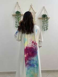 1 pieza Vestido-Cárdigan elegante de mujer con mangas y espalda de diseño de parches multicolor y estampado colorido de estilo árabe, adecuado para uso diario, festivo y de viaje, color blanco - Blanco - Ver 3