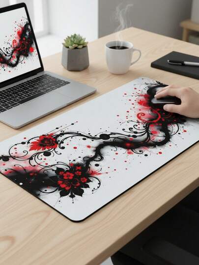 Extra Large Gaming Desk Mat And Mouse Pad - Red & Black Ink Splash Floral Art Design, Dark Personalized Texture, Non-Slip Rubber Base, Smooth Surface, Also Suitable As Keyboard Pad, Desk Mat Or Book Stand, For Gamers, Office And Dorm Use, Computer, Office And Gaming Environment, Gift For Gamers, Compatible With Mouse And Trackball