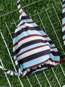 Bộ bikini hai mảnh dây mảnh phối màu tương phản kẻ sọc thắt nơ kiểu dáng thời trang châu Âu và Mỹ dành cho nữ, bao gồm áo tam giác và quần bơi, thích hợp cho kỳ nghỉ hè trên bãi biển. - Màu xanh bụi bặm - Xem 7