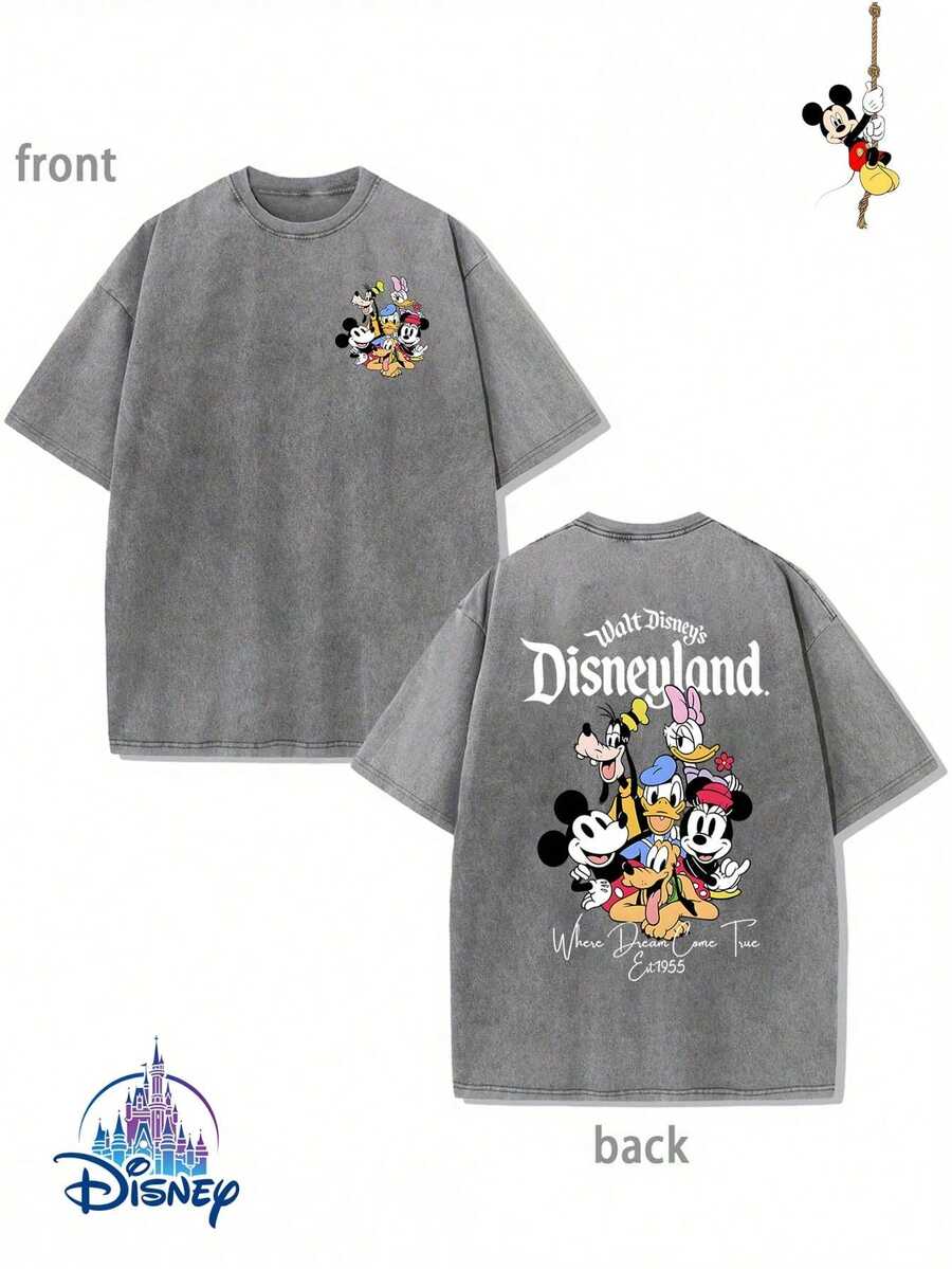 Disney Official Licensed Disneyland "Where Dreams Come True" Double-Sided Graphic T Shirts 100 Percent Cotton Disney Shirt Washed 230g Unisex - 灰色 - 查看 1