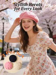 3 Pieces Wool Beret Hat French Style Wool Beanie Cap Solid Color Spring Hat For Women And Girls Casual Use - Style 1 - View 3